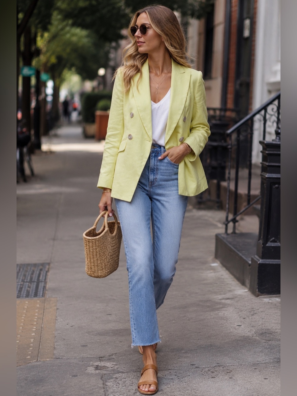 Linen Blazer Women’s Petite 4P Double Breasted Yellow Tailored Banana Republic